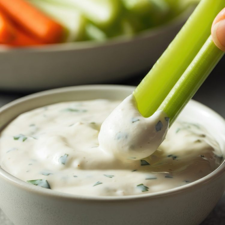 Hand dipping celery stick in ranch dip, with bowl of carrots and background Celery Dipping in Ranch